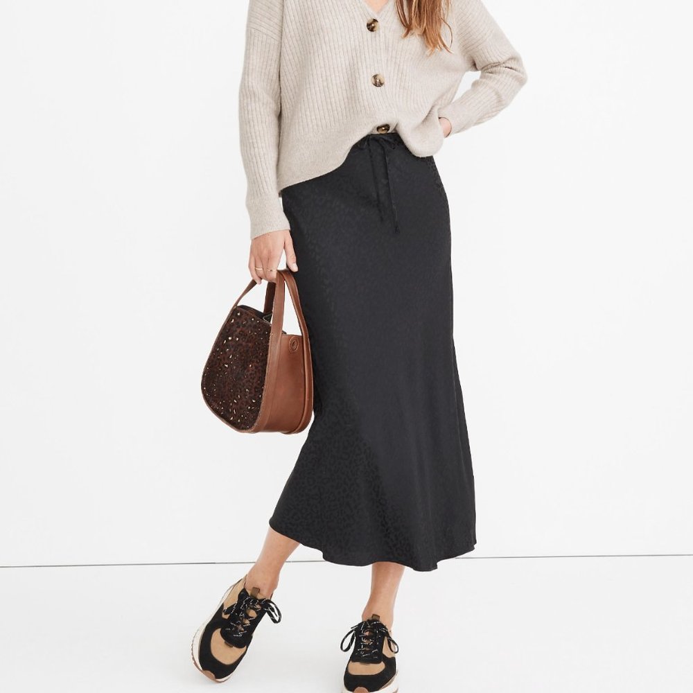 Drawstring Midi Slip Skirt in Leopard Jacquard / 14 / TRUE BLACK